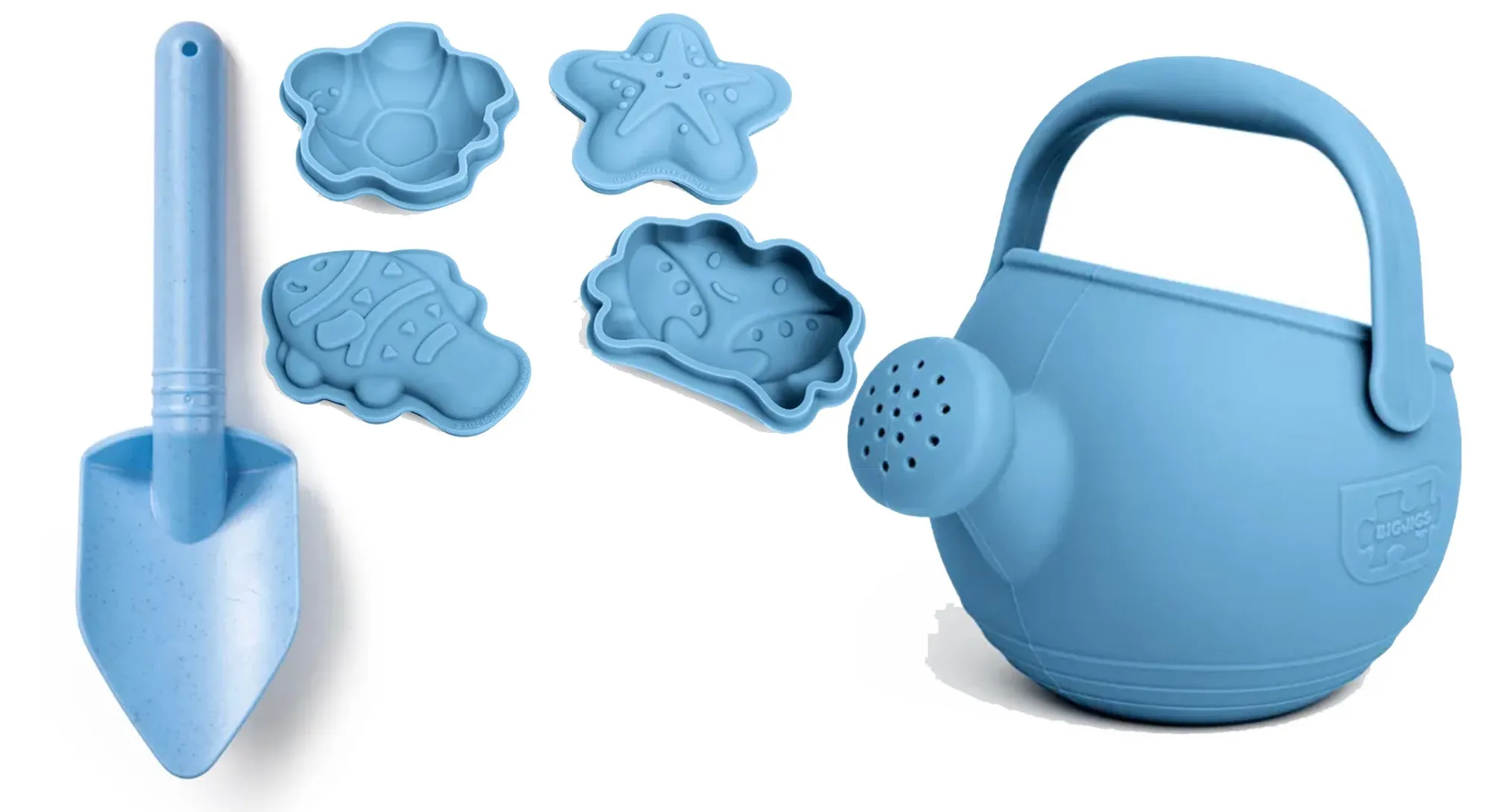 Bigjigs Blue Beach Bundle, Silicone Watering Can, Sand Moulds and Spade Set