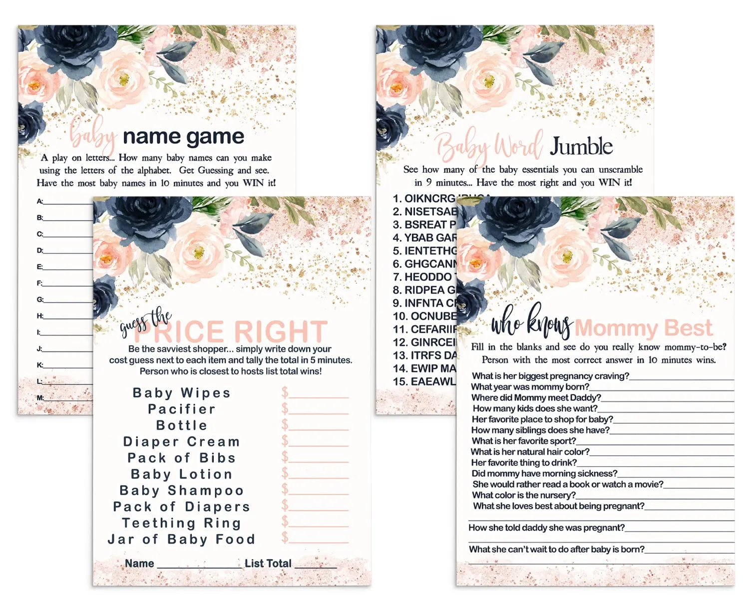 “Blushing Blossoms” - Floral Baby Shower Game Set for Girls, 5x7 Double-Sided Cards (25 ct)