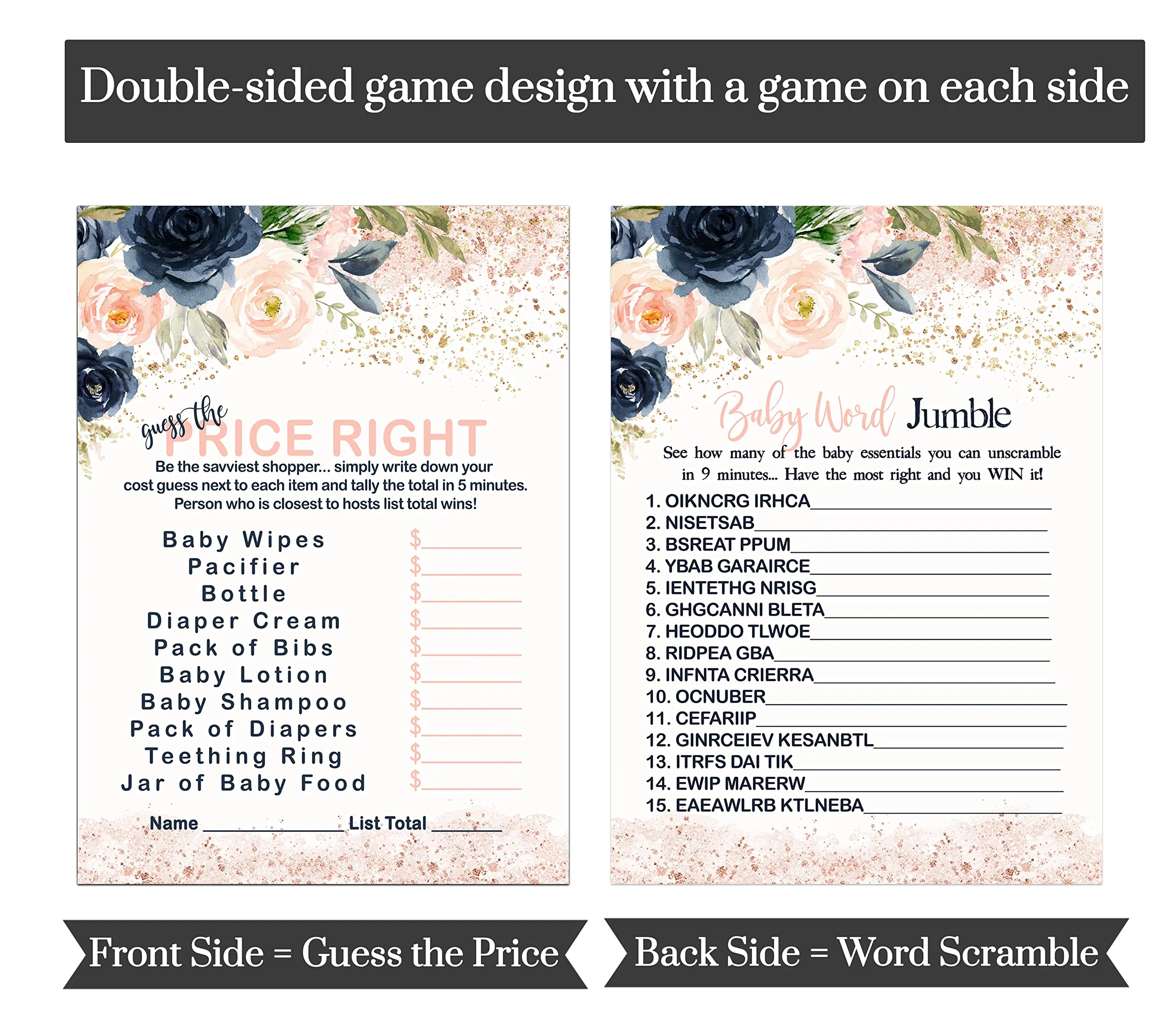 “Blushing Blossoms” - Floral Baby Shower Game Set for Girls, 5x7 Double-Sided Cards (25 ct)