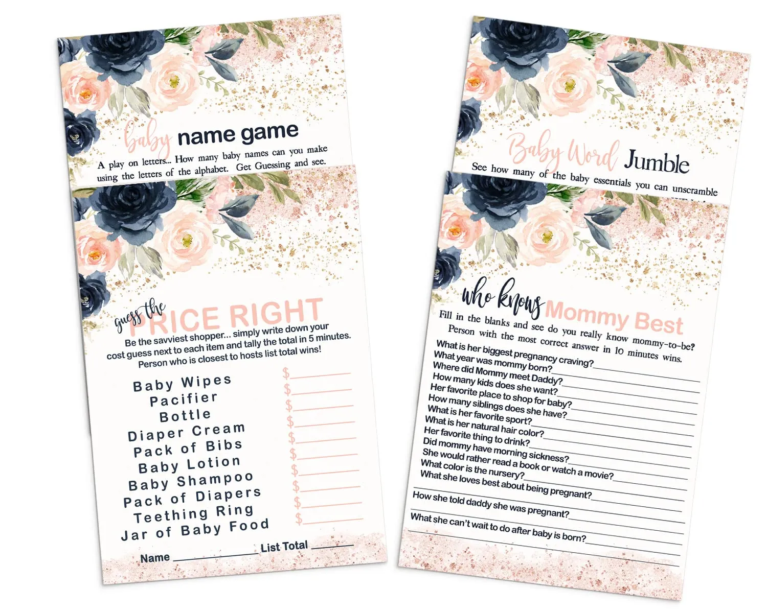 “Blushing Blossoms” - Floral Baby Shower Game Set for Girls, 5x7 Double-Sided Cards (25 ct)