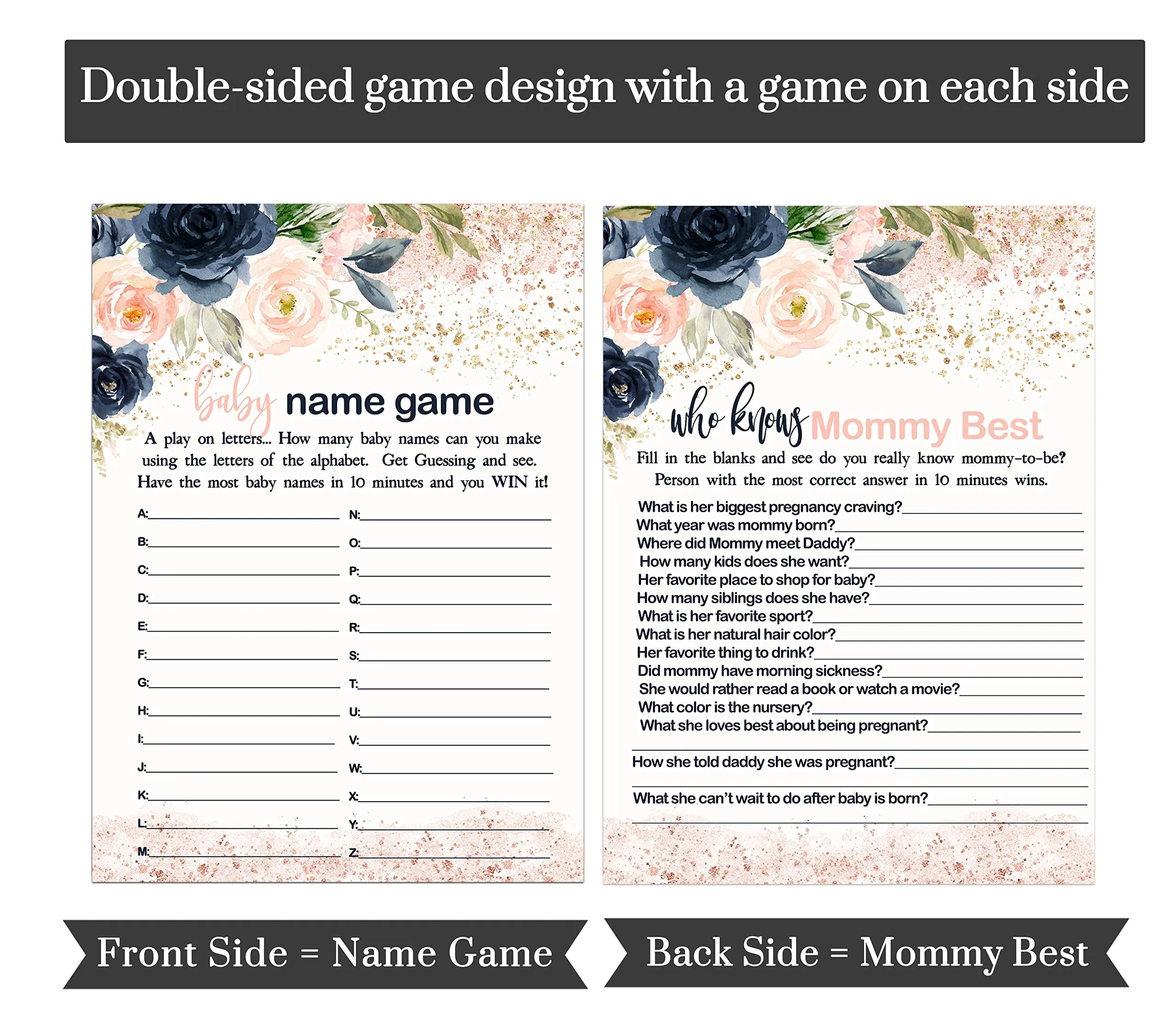 “Blushing Blossoms” - Floral Baby Shower Game Set for Girls, 5x7 Double-Sided Cards (25 ct)