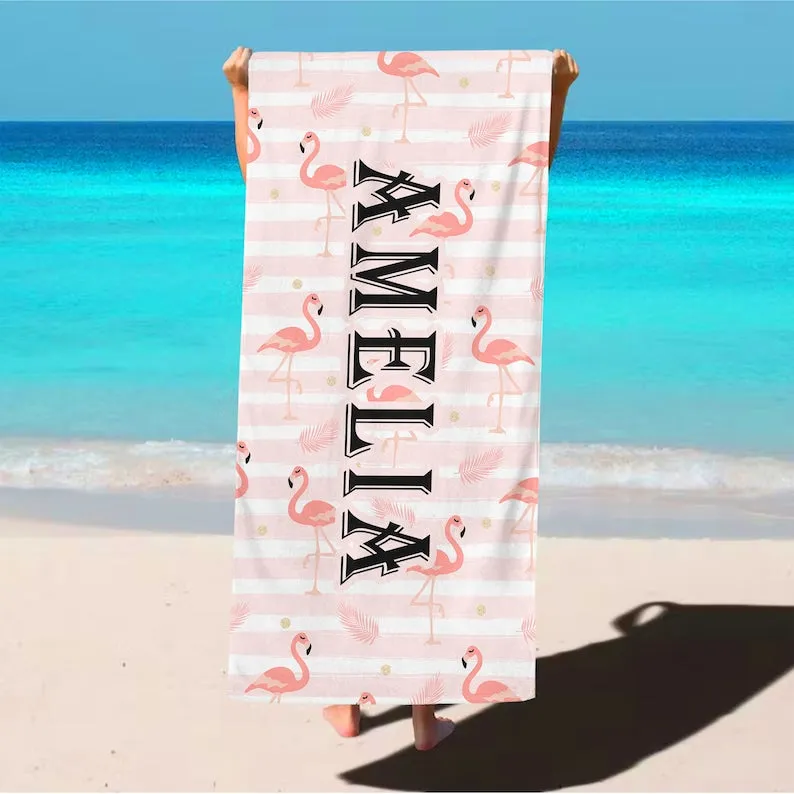 Flamingo Beach Towel With Custom Name,Kids Beach Towel,Flamingo Gift,Personalized Towel,Summer Vacation Gift,Custom Beach Towel,Pool Towel