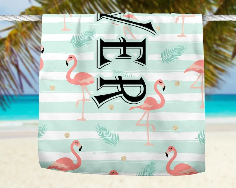 Flamingo Beach Towel With Custom Name,Kids Beach Towel,Flamingo Gift,Personalized Towel,Summer Vacation Gift,Custom Beach Towel,Pool Towel