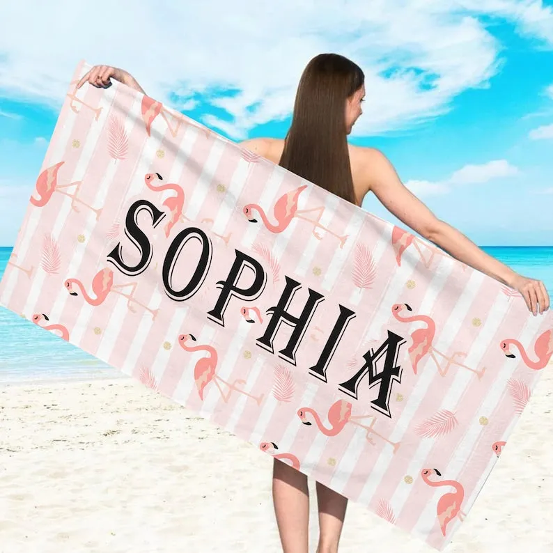 Flamingo Beach Towel With Custom Name,Kids Beach Towel,Flamingo Gift,Personalized Towel,Summer Vacation Gift,Custom Beach Towel,Pool Towel