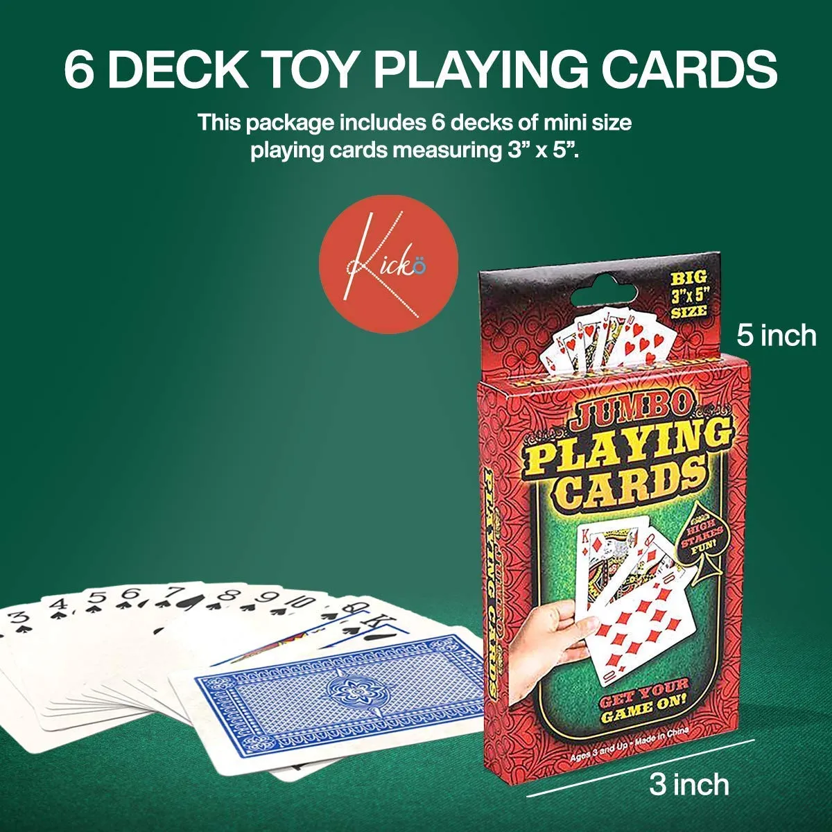 Kicko Extra Large Poker Cards - 3 x 5 Inches, 6 Decks of Plastic Coated Giant Playing