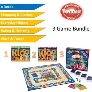 KLOO's Play & Learn Spanish Games Bundle - 3 Games - 'Race to Madrid' Board Game   Packs 1   Pack 2 (8 Decks)