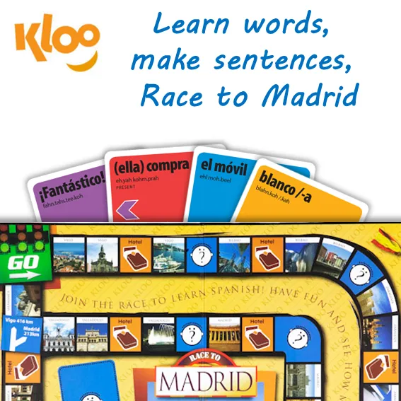 KLOO's Play & Learn Spanish Games Bundle - 3 Games - 'Race to Madrid' Board Game   Packs 1   Pack 2 (8 Decks)