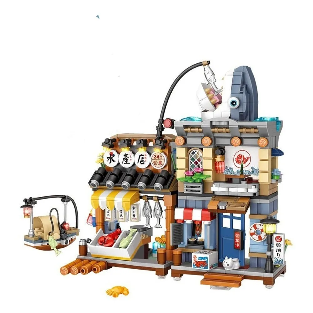 MOC  Compatible  New Creative Sea Fish Food House Model Building Block MOC Retail Store With Figure Dolls Bricks Sets  Toys Kids