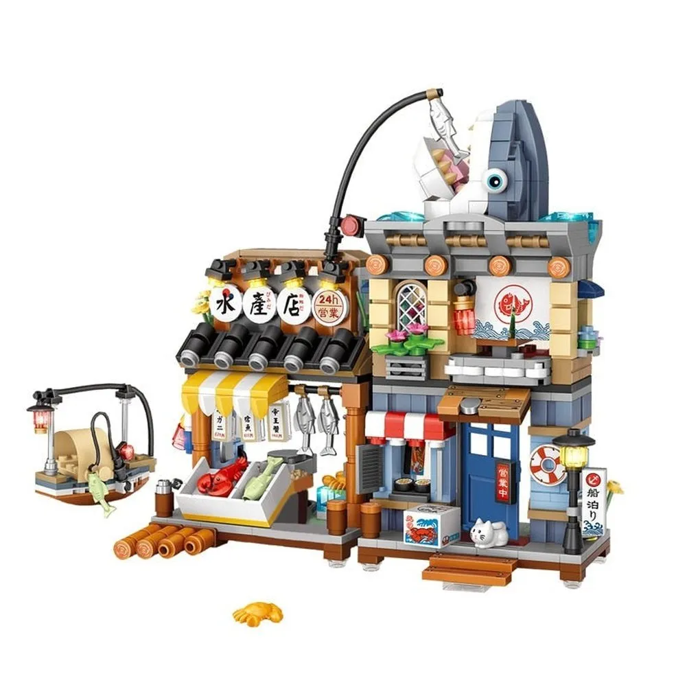 MOC  Compatible  New Creative Sea Fish Food House Model Building Block MOC Retail Store With Figure Dolls Bricks Sets  Toys Kids