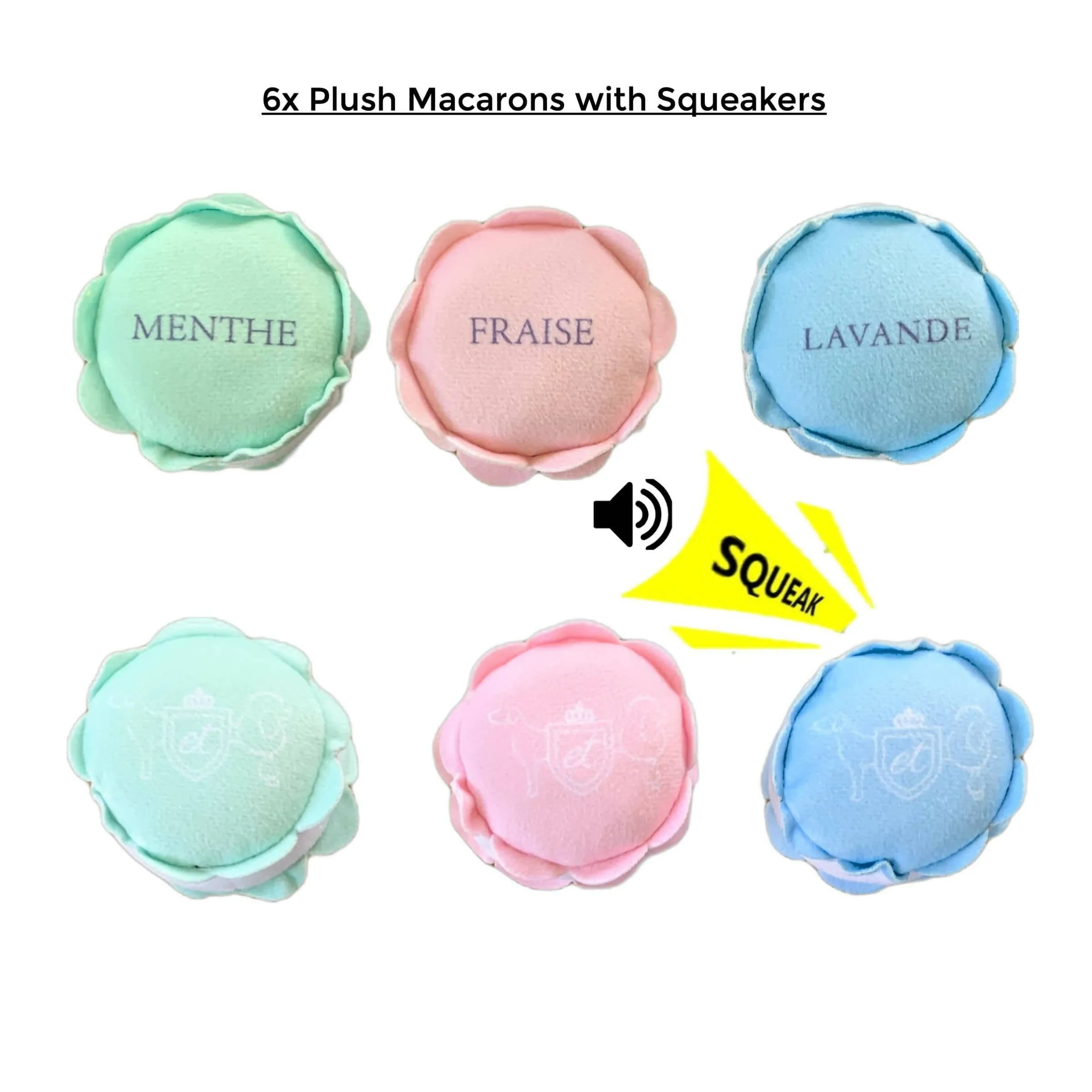 Plush Macaron Squeaky Dog Toy (3 or 6 macarons) - All Sizes