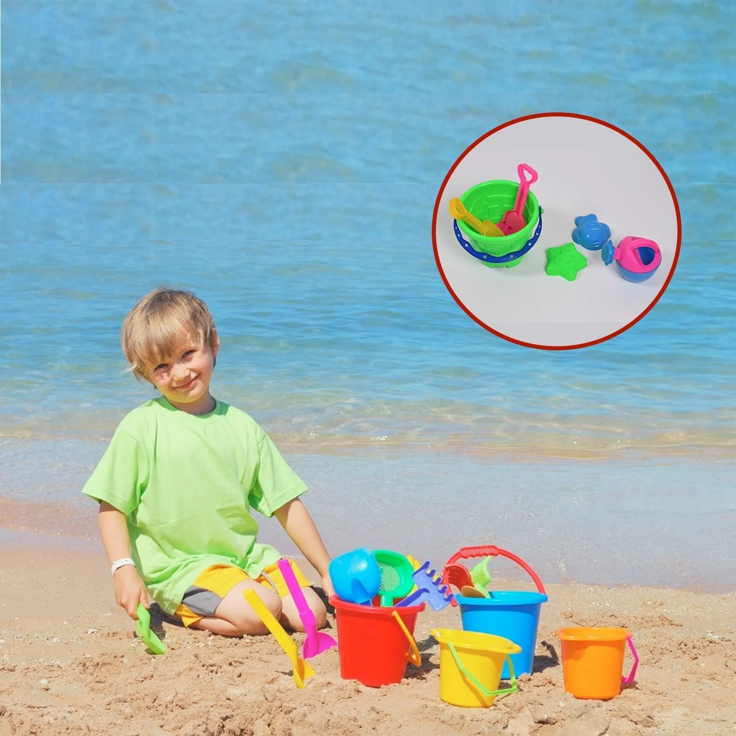 Sand Game Castle Building Plastic Beach Toy Set for Kids Summer Fun Creative Activity Playset& Gardening Tool with Accessories & Bucket-Pack of 6 Pcs