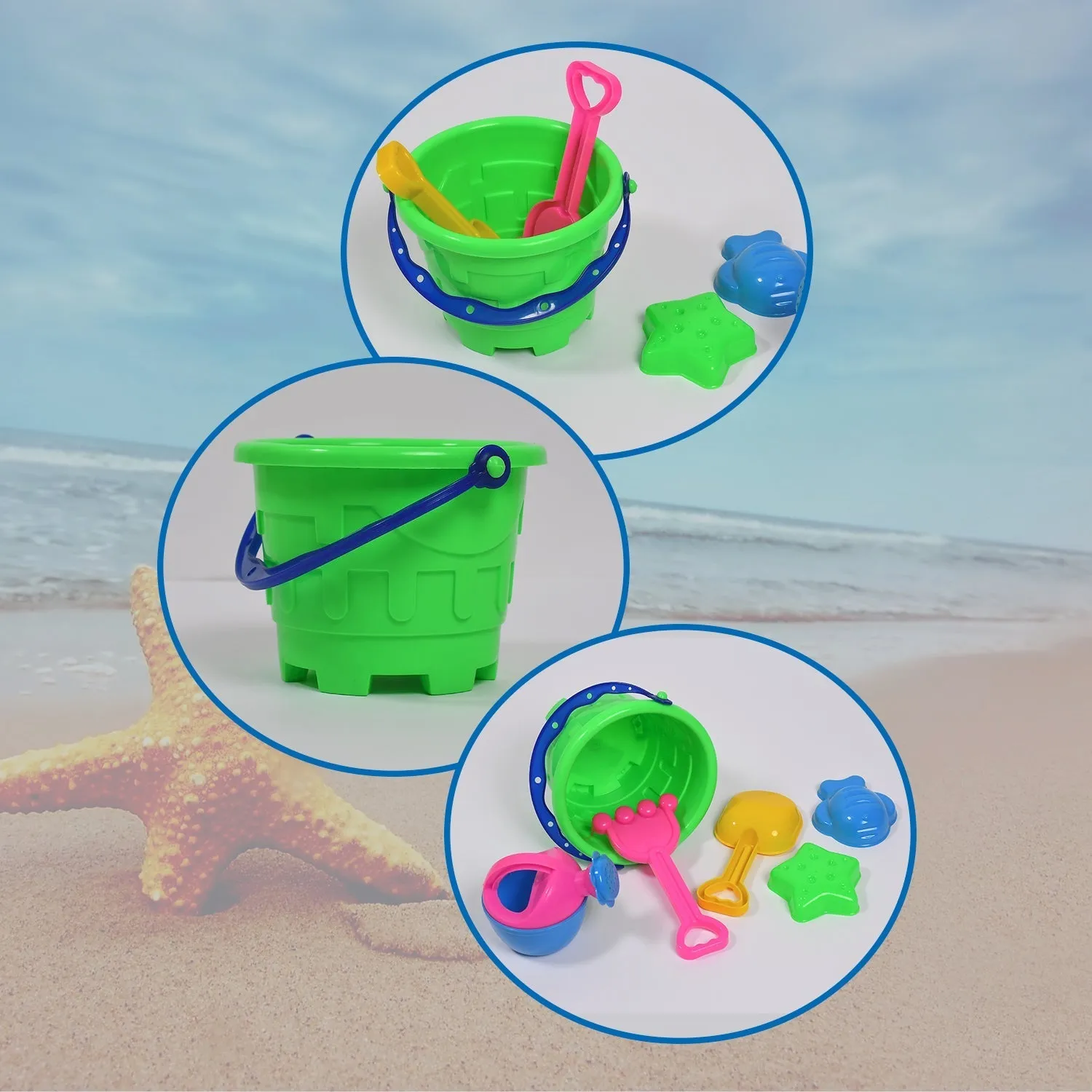 Sand Game Castle Building Plastic Beach Toy Set for Kids Summer Fun Creative Activity Playset& Gardening Tool with Accessories & Bucket-Pack of 6 Pcs