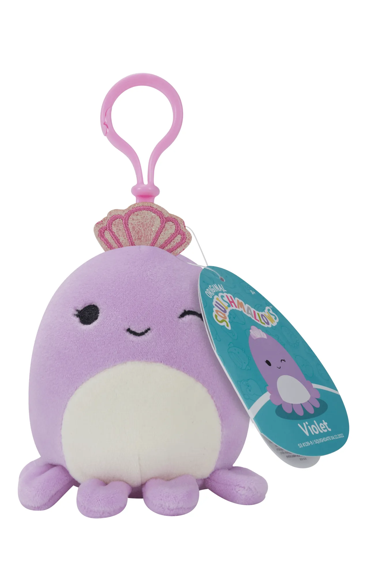 Squishmallows 3.5 Inch Plush S15 Clip On  Violet Purple Winking Octopus With Crown